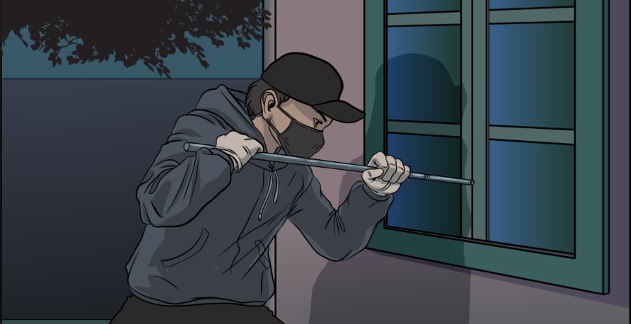 Illustration of burglar forcing entry through a window in Wichita